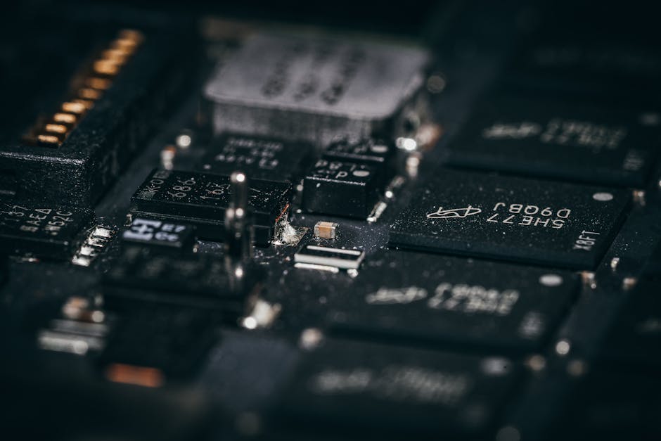 Detailed macro shot of electronic circuit components showcasing intricate design and layout