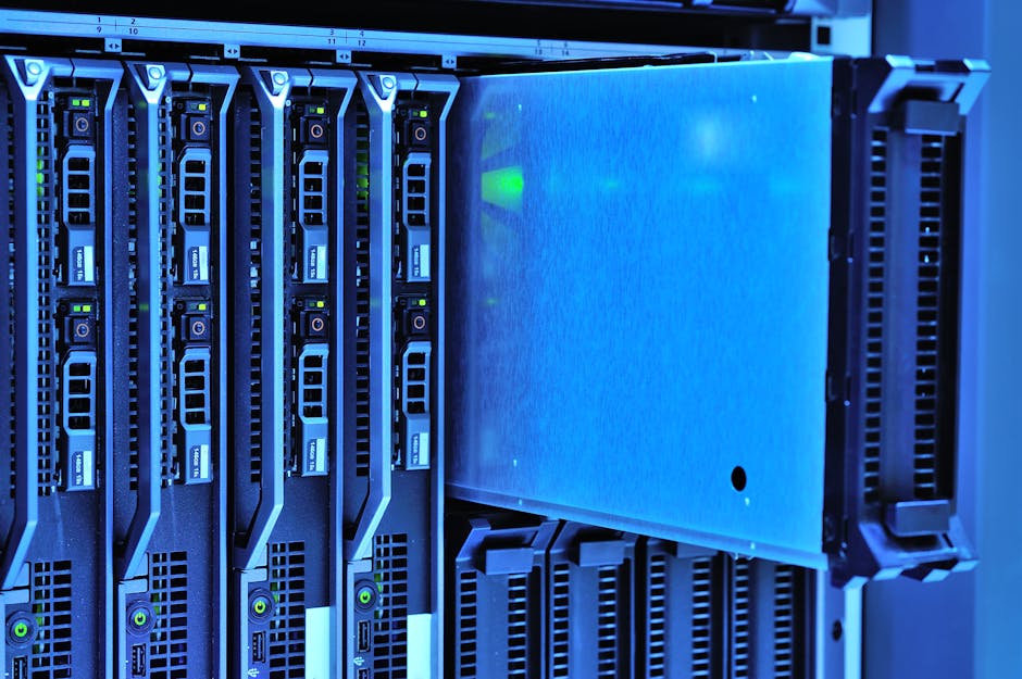 Detailed view of server racks with glowing lights in a data center